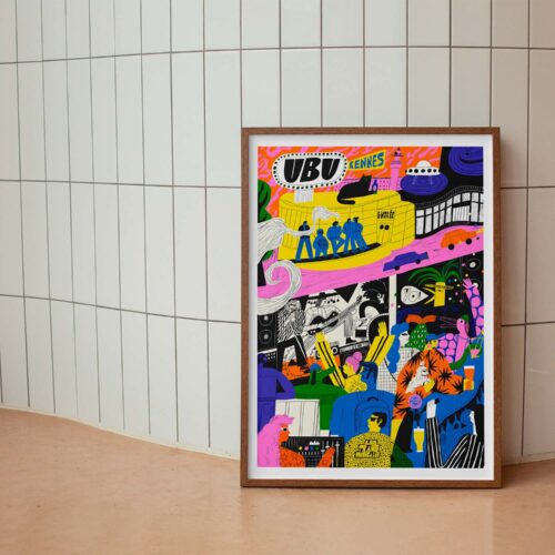 Affiche graphique et colorée UBU posée dans un cadre contre un mur