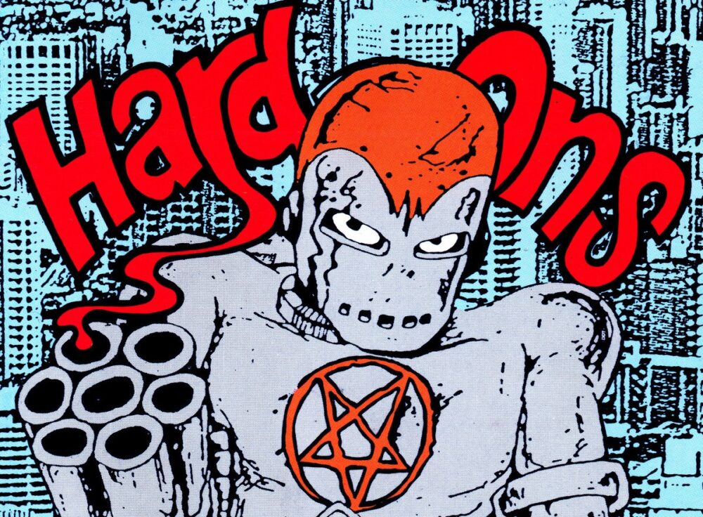 Illustration de style comics représentant un robot au bras mitraillette fumant avec un pentacle sur le torse