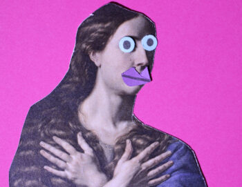 Collage mixant un personnage de peinture classique avec des yeux et une bouche en carton rajoutés