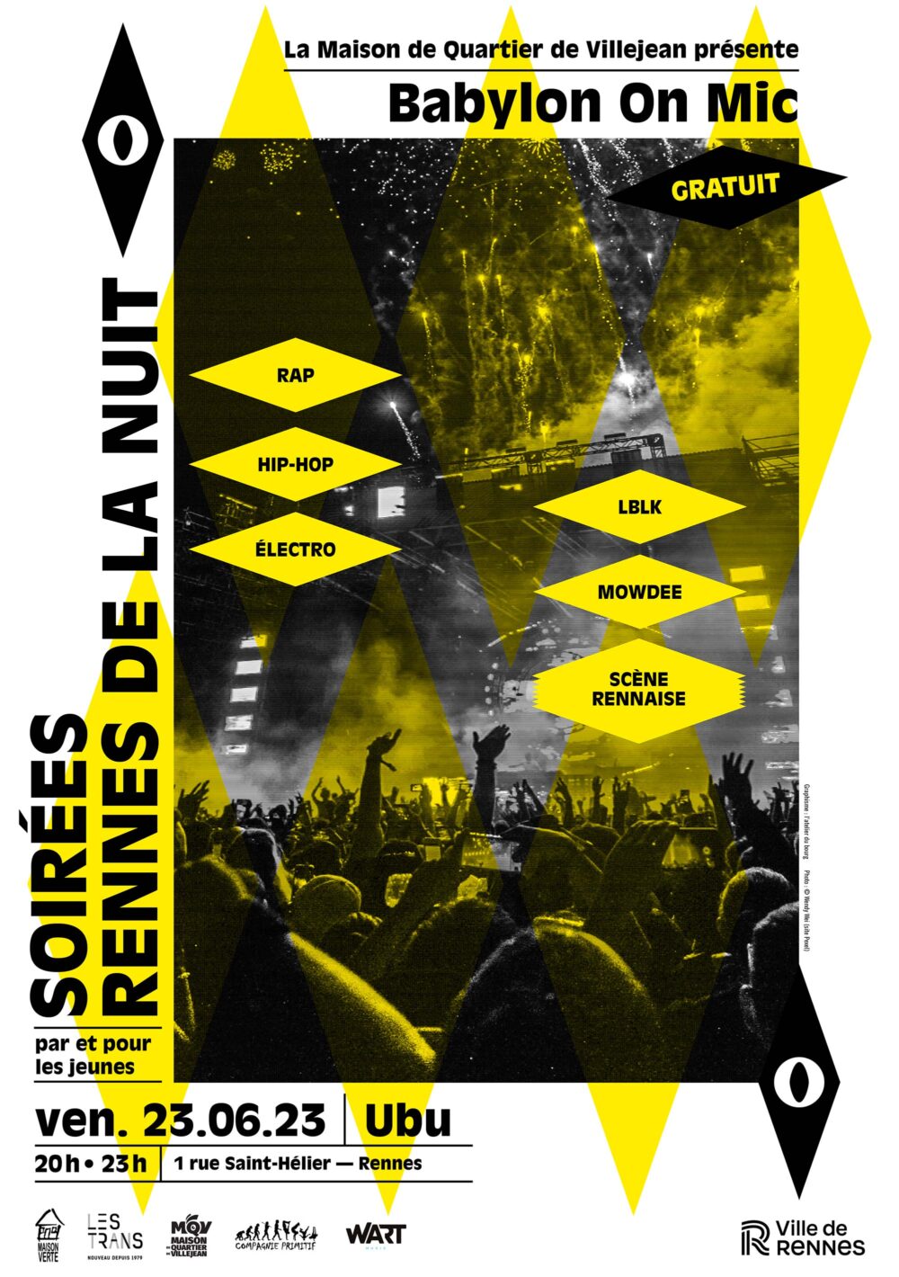 Affiche de présentation de l'évènement avec les infos et une photo de public de concert en noir et blanc