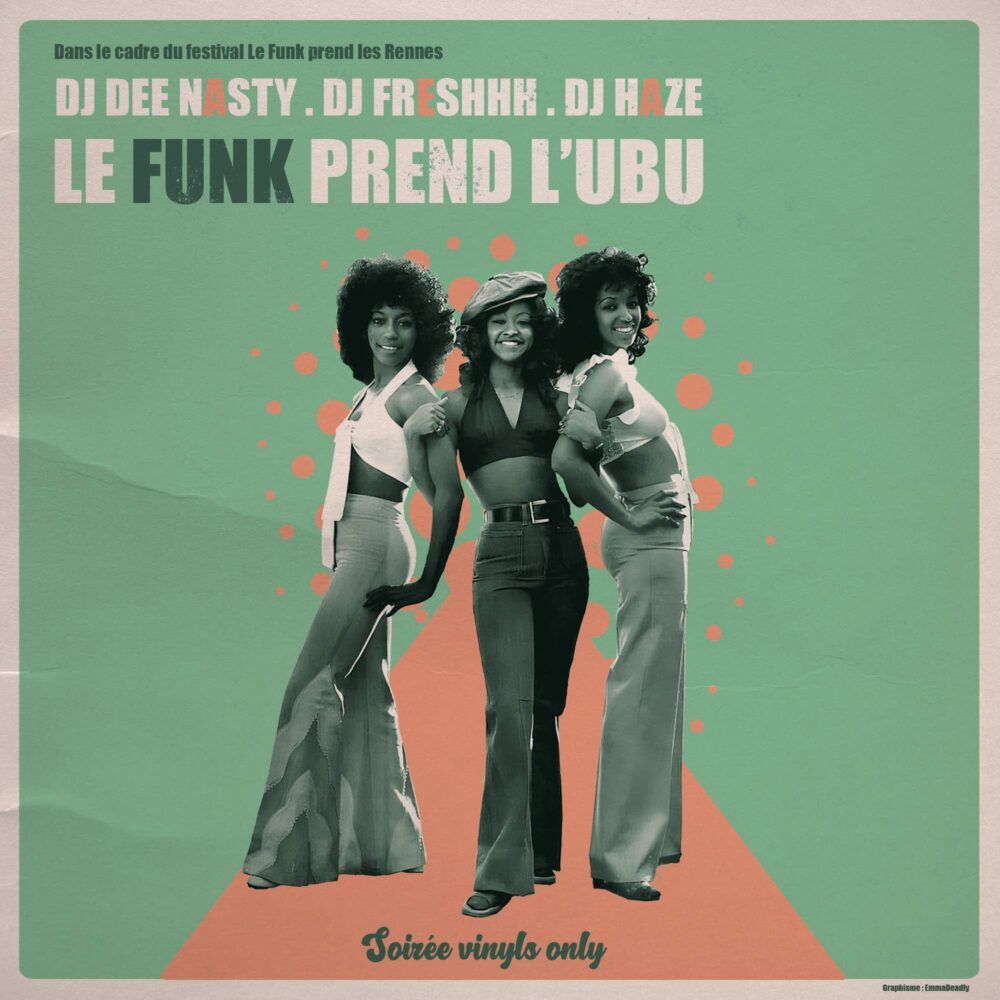 Création graphique imitant une pochette de vinyle avec en couverture trois femmes en tenue funk et les infos de la soirée