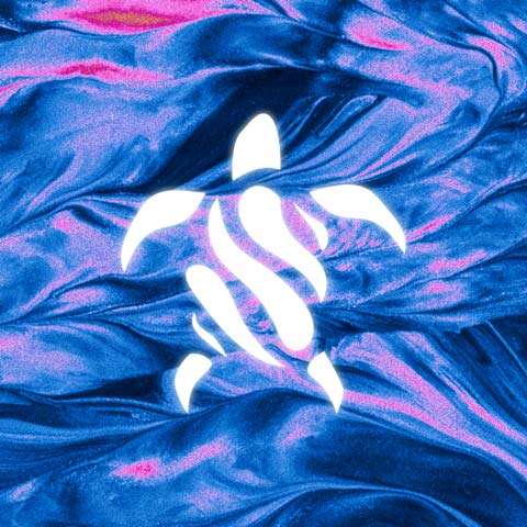 Création graphique avec un motif de tortue tribal blanc sur un fond rappelant des vagues bleues et roses