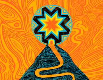 Illustration graphique de style naïf représentant un chemin grimpant dans une montagne et rejoignant une étoile colorée