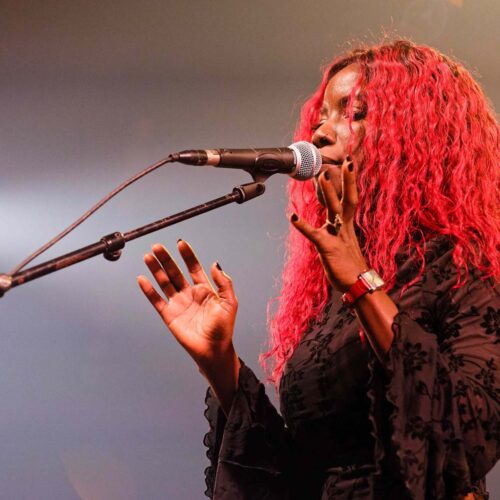 Une chanteuse avec des cheveux rouge vif les mains écartées devant le micro