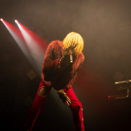 Un artiste avec un manteau de fourrure rouge chante le visage caché derrière ses cheveux blonds
