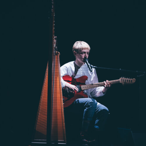 L'artiste joue de la guitare à côté d'une harpe
