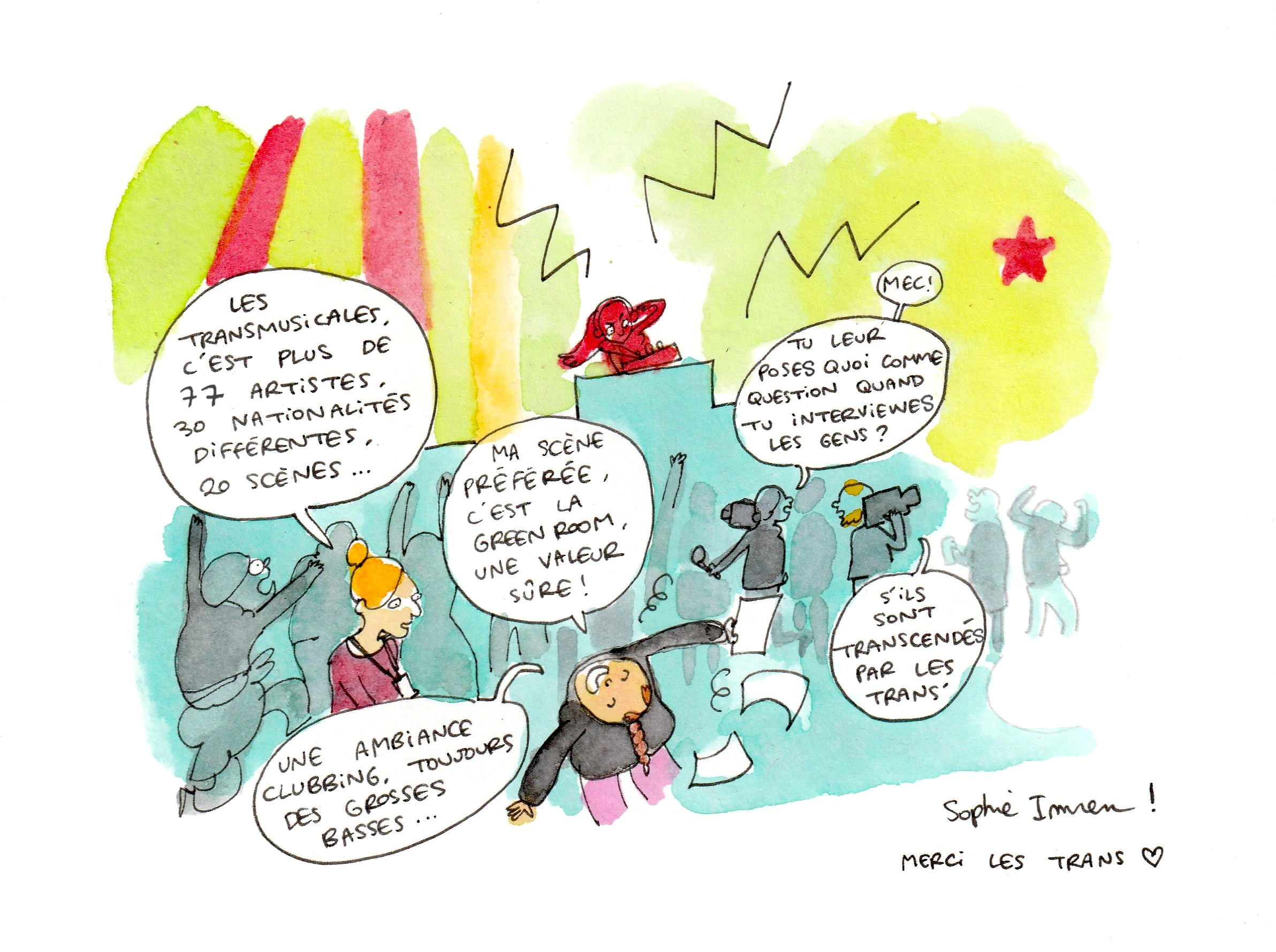 Dessin d'un artiste sur scène avec un public heureux