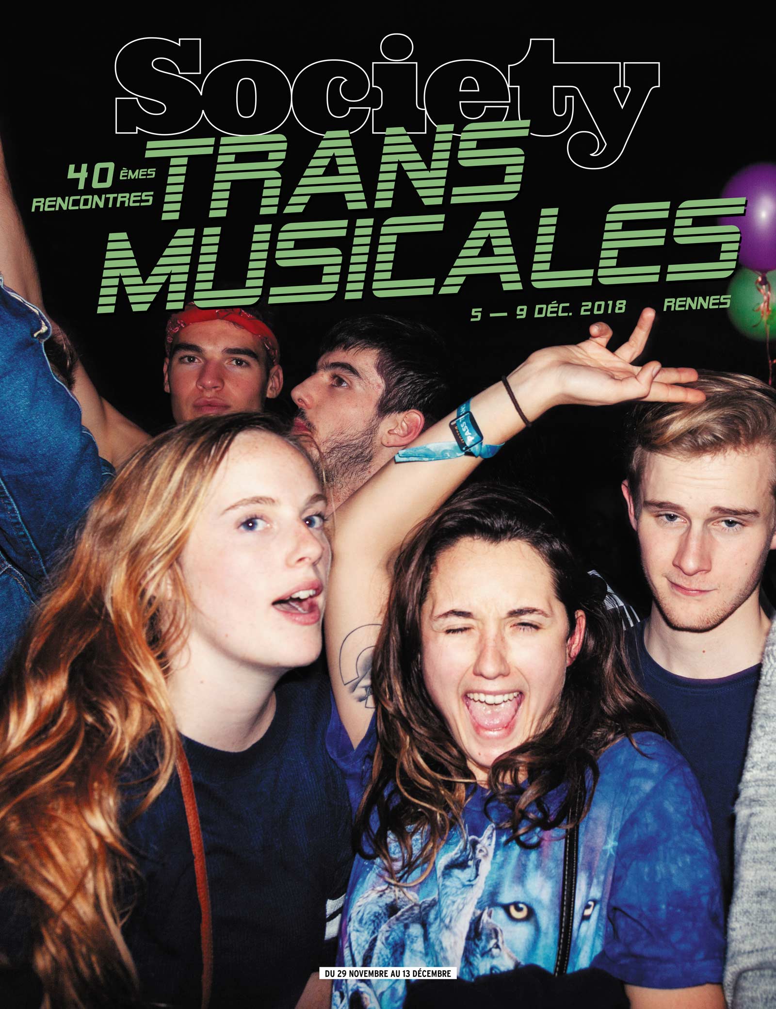 Couverture du magazine Society pour les Trans Musicales 2018, cinq personnes posent de manière festive