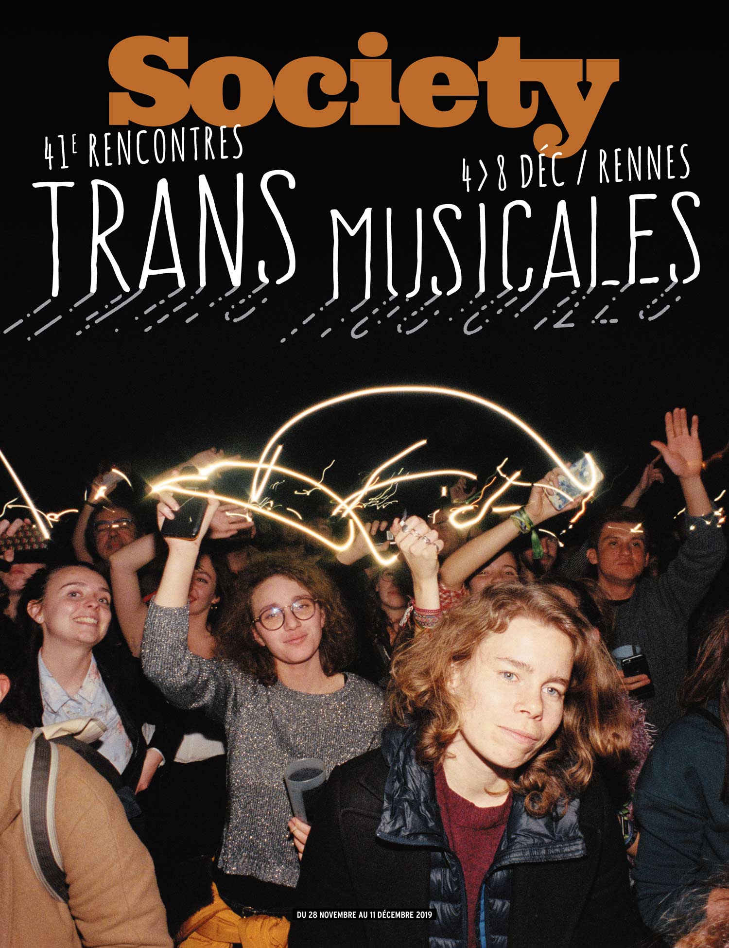 Couverture du magazine Society pour les Trans Musicales 2019, vue d'un public