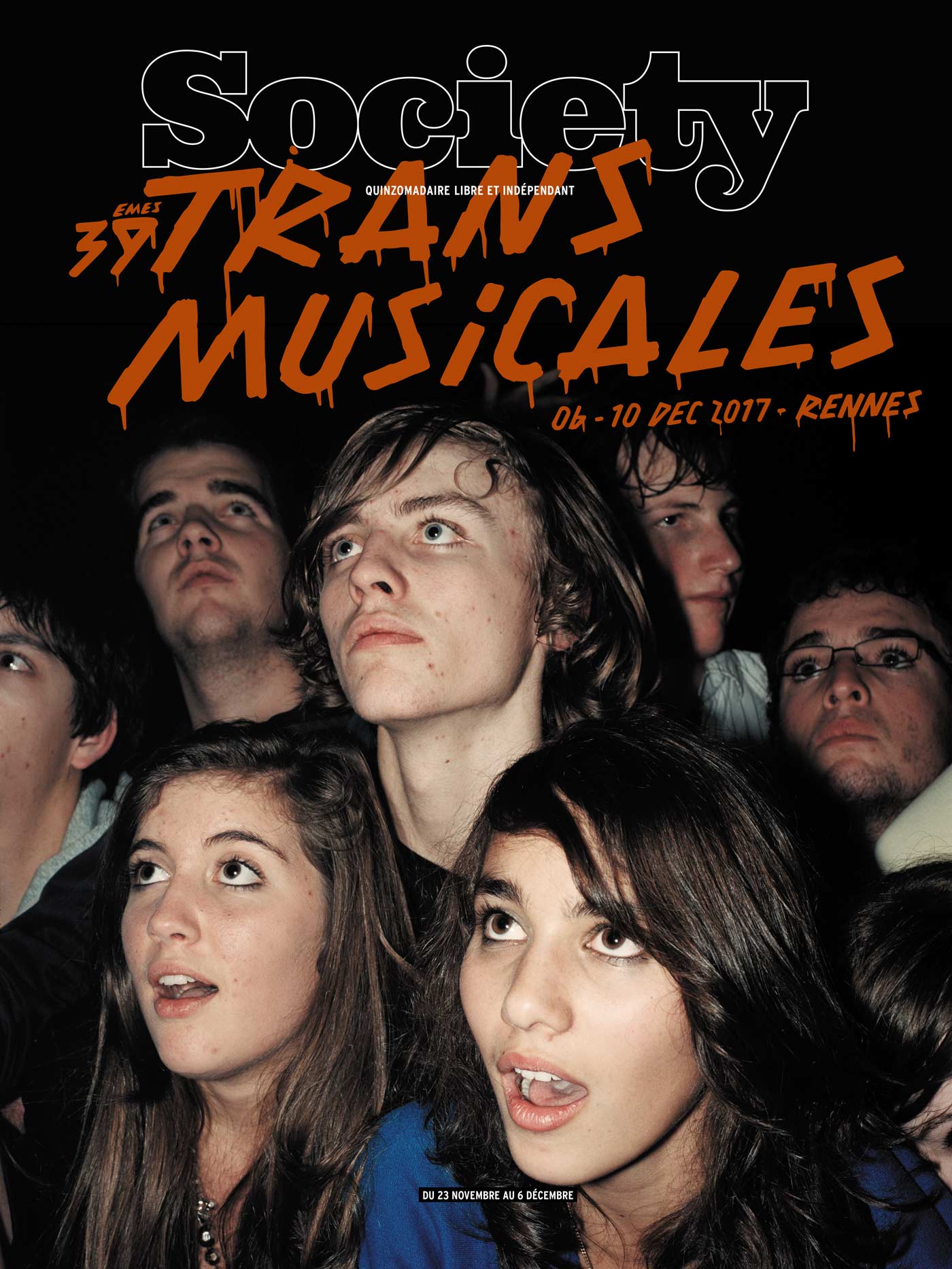 Couverture du magazine Society pour les Trans Musicales 2017, vue d'un public